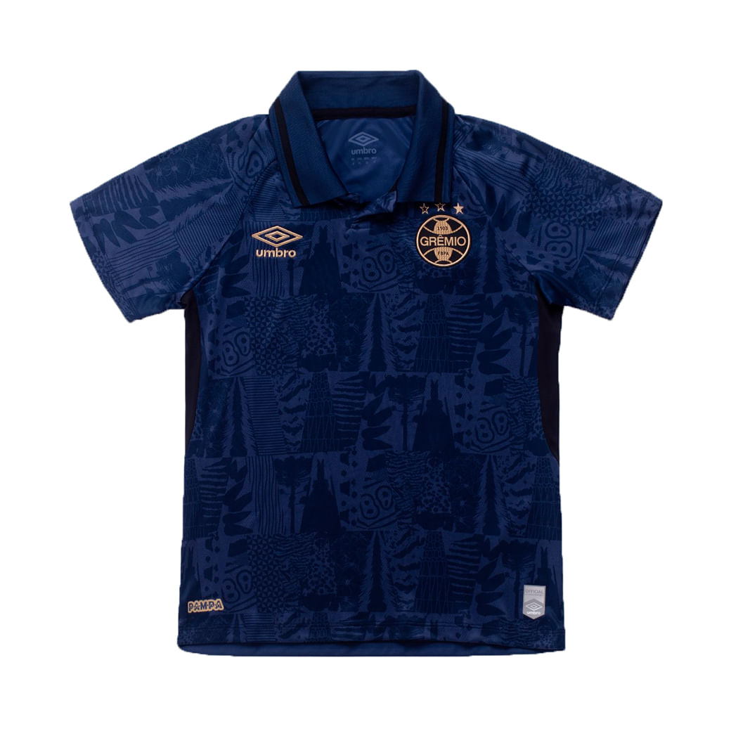 Vista frontal da camisa infantil oficial Grêmio 2025 Umbro mostrando detalhes do tecido e bordados